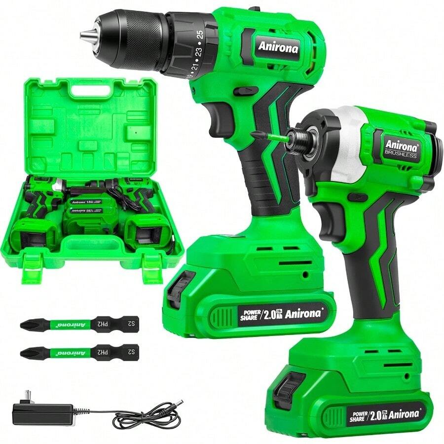 Kit De Atornillador De Impacto & Rotomartillo Sin Carbones, Kit Combinado de Taladro Inalámbrico Sin Escobillas Con 2 * 2000Mah Batería y Velocidades Variables - Tipo de Enchufe A USA (110-127V) - Ver 1