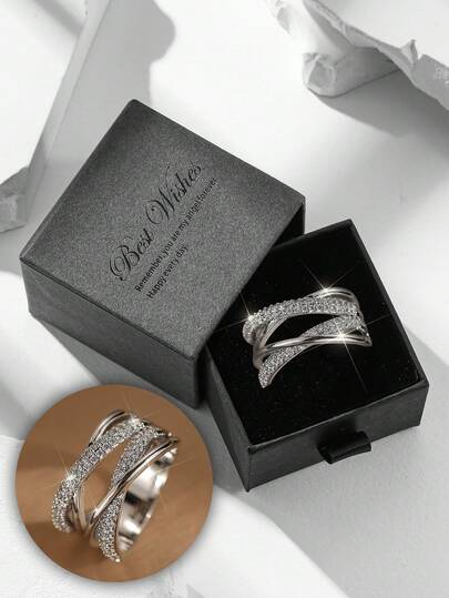 礼盒装立方氧化锆螺旋包裹银戒指，女士时尚珠宝，适合婚礼、情人节礼物