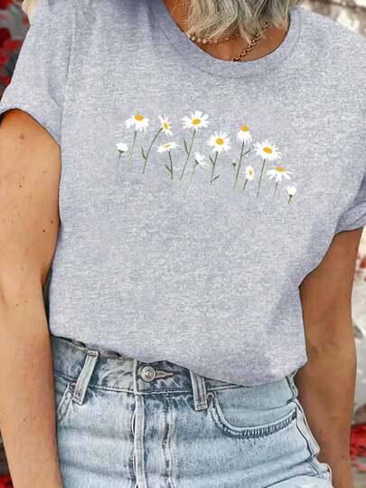 Camiseta de mujer talla grande con estampado floral de lirio, 95% poliéster 5% spandex con estiramiento moderado, cuello redondo, estilo deportivo, apta para todas las estaciones