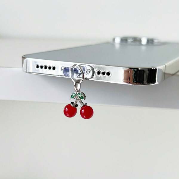 New Palace Style Drip-Oil Alloy 3D Red Cherry Mobile Anti-Dust Plug Pendant Accessories Fit For IPhone, Android Type-C Charging Port Dust Plug Decoration