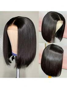 Peruci mixte - Un amestec de păr uman amestecat și sintetic, peruci cu dantelă frontală 13x4, peruci scurte bob amestecate, pre-smulse cu păr de bebeluș, drepte, 13x4, transparente, cu dantelă frontală, peruci de păr uman amestecat pentru femei, densitatea părului amestecat 180% (peruci bob 6-16 inci), păr amestecat