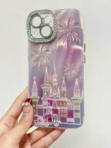 High-Quality Ins-Style Pink Firework Castle Carriage Rhinestone Mirror Phone Case, Compatible With IPhone 16 Pro Max/IPhone 15 Plus/IPhone 14 Plus, Full Coverage Lens Protection For IPhone 11/13 Pro/12 Pro Max