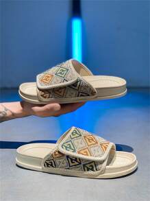 Men's Fashion Print Beige Flip Flops, Casual Outdoor Indoor Slippers For Summer