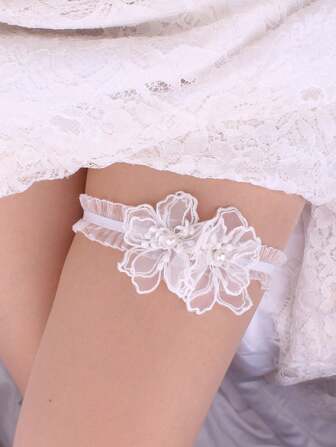 1 pezzo Calze autoreggenti bianche con decorazione floreale da sposa, giarrettiere in pizzo traforato ed elastiche per la coscia