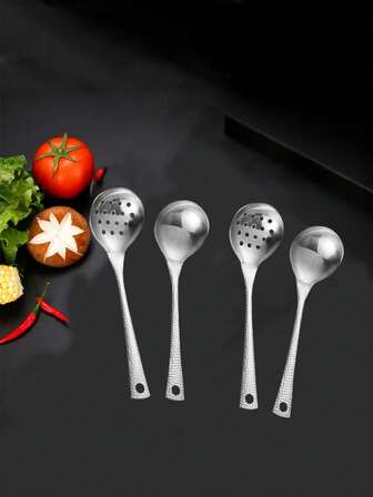 2pcs Stainless Steel Soup Ladle & Strainer Set, Hammered Texture Long Handle Hotpot Spoon, Household