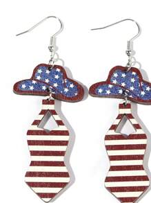1Pair Wooden Americana Design Joyful Celebration USA Flag Color Star Drop Earrings Suitable For Women And Girls USA Independence Day Accessories Jewelry