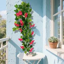 Tallo de gloria de la mañana, flor simulada, ramo colgante de flores, decoración de sala de estar, flores suspendidas, cesta colgante de interior, planta verde, planta de paisaje, decoración colgante de pared, estilo natural, decoración del hogar, arreglo floral - Rosa Fucsia - Ver 2