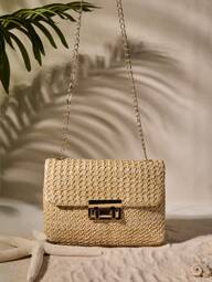 Tropiscape Bolso cruzado de unicolor dorado tejido a la moda, adecuado para el uso diario de las mujeres, que combina perfectamente con los atuendos de vacaciones. Vibraciones de vacaciones, relajación de vacaciones, playa, otoño, Navidad, invierno, regalos de Navidad