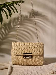 Tropiscape Fashionable Solid Color Gold Woven Crossbody Bag, Suitable For Women's Daily Use, Perfectly Matching With Vacation Outfits Women Vacay Vibes Vacation Relax Beach Autumn Winter Gifts , Beach Bag