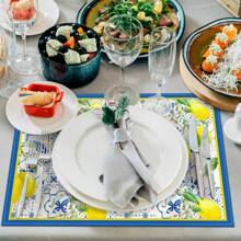 1/2/4/6 Luxury Placemats Lemon Blue Linen Placemats, 30 * 45cm Seasonal Daily Tablecloth Table Mats, Coasters, Suitable For Holiday Party Decoration, Coffee Table And Home Decoration, Kitchen Table And Room Decoration Accessories, Dining Table Decoration, Restaurant Company Gatherings