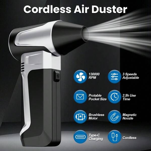 Compressed Air Dust Collector - 130000 RPM Electric Air Dust Collector, Adjustable Wind Size, Rechargeable Air Blower, High Speed Powerful Turbo Fan, High Power Car Dust Collector, Multi-Function Portable Powerful Camping Fan, Handheld Outdoor Camping Blower, Brushless Motor Turbo Fan, High Speed Turbo Fan, Snow Blower, Snow Removal, Portable Powerful Camping Fan, Suitable For Computer Keyboard, Outdoor, Car, Home, Birthday Gift For Men