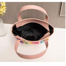 Geantă de mână țesută 2 în 1, tip coș de cumpărături, 2025, nouă geantă de umăr țesută din paie pentru femei, geantă de mână casual personalizată cu dungi colorate, pentru navetiști, geantă minimalistă roz pentru femei, mini geantă tote țesută cu model curcubeu, versatilă pentru fete - Roz - Vizualizare 9