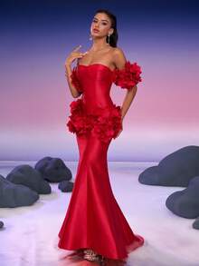 Anymoon Women's Luxury 3D Floral High Waist Mermaid Formal Evening Dress, Suitable For Wedding Guest, Graduation, Prom, Elegant Gown, Luxury Wedding Party Dress, Mother Of The Bride Dress, Ladies Cocktail Party Dress - Red - View 5