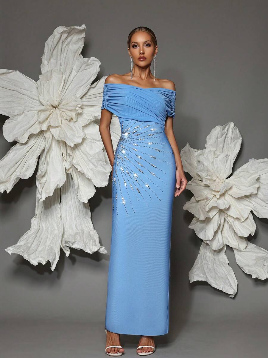 Off Shoulder Handmade Beaded Bodycon Bandage Dress, Sexy & Fitted, Suitable For Family Gatherings, Parties, Formal Events - Biru - View 1