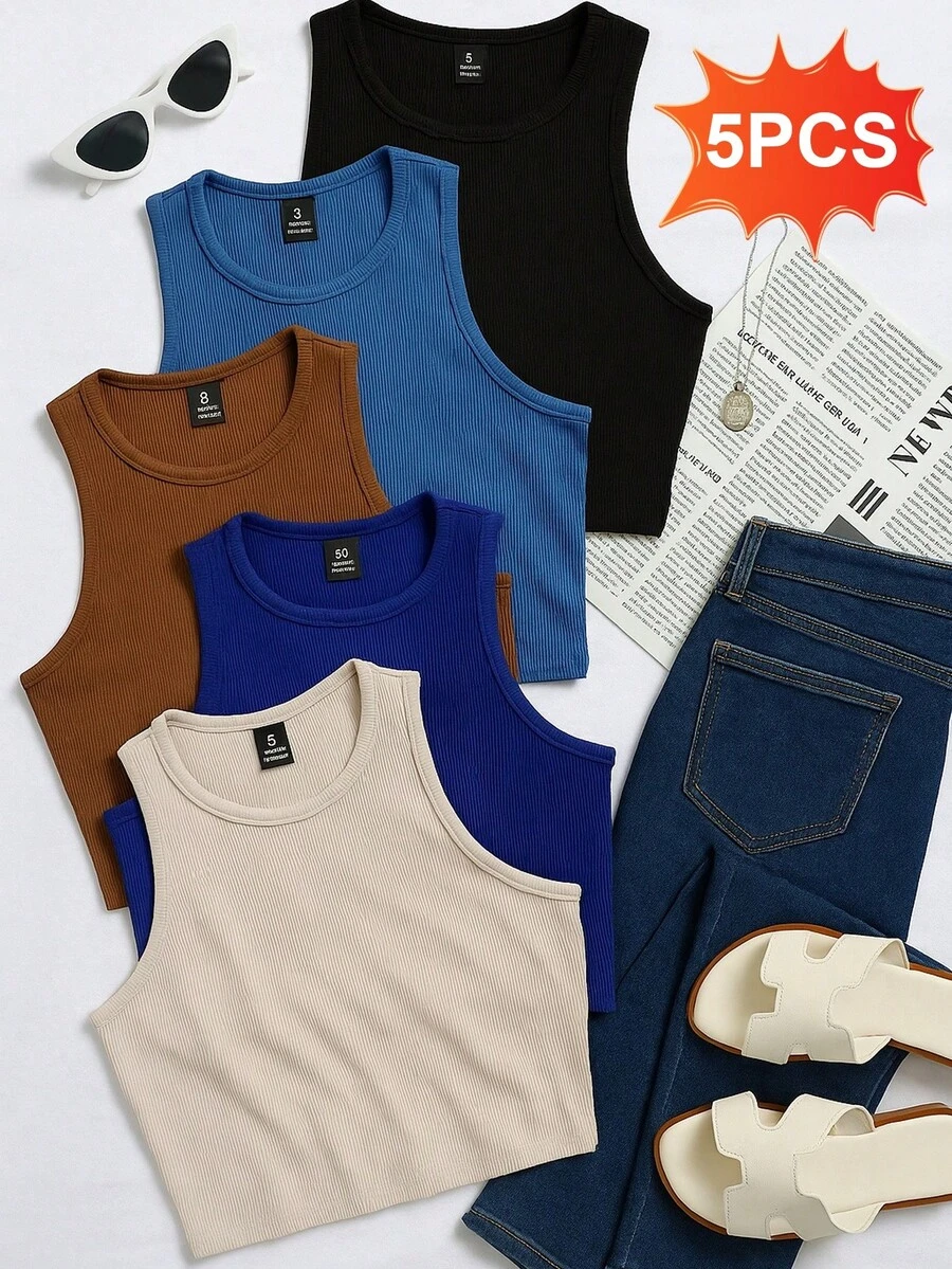 5 piezas Camisetas sin mangas ajustadas casuales y versátiles para mujer, apropiadas para el verano - 5Piezas - Ver 1