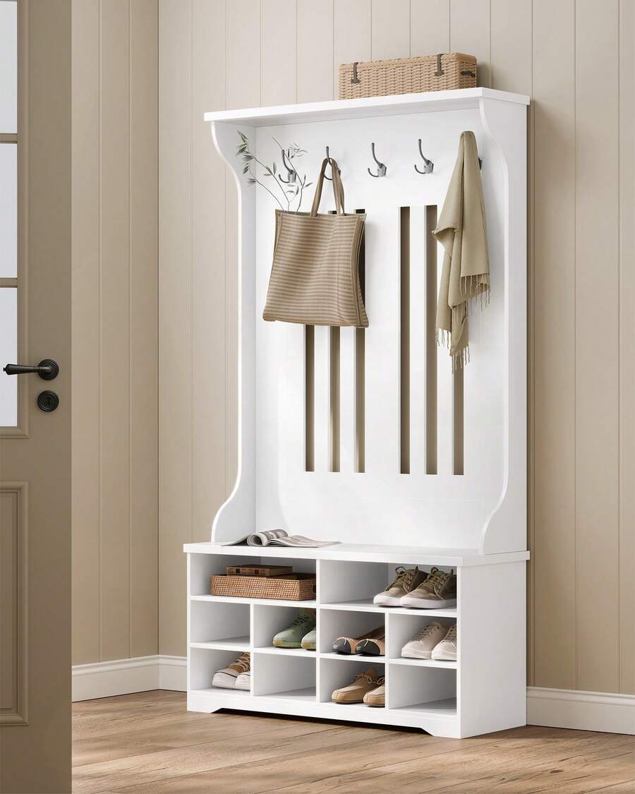 Meuble d'Entrée, Porte-Manteau avec Banc à Chaussures, Vestiaire, Rangement pour Chaussures, 5 Crochets Triples, Gain de Place, pour Entrée, Couloir, Étagères Réglables, Blanc Nuage - Blanc - Voir 1