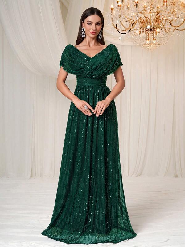 YISIKADO Women's Shimmery Elegant V-Neck Ruched Party Dress