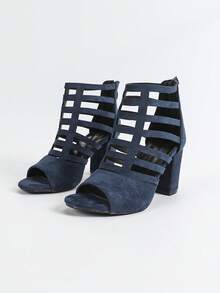 2025秋冬女装时尚海军蓝高跟镂空系带短靴，粗跟，圆头，舒适，后拉链，度假风格，春夏新品 - 寶藍色 - 查看 8