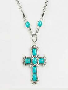 1pc Women's Turquoise Cross Pendant Necklace, Fashion Elegant Personalized Versatile Sexy Party Beach Vacation Daily Casual Outfit, Holiday Gift (Handmade With 1-3cm Deviation) - Blue - View 3