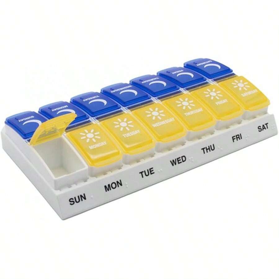 Ezy Dose Weekly AM/PM Pill Organizer, 7-Day Vitamin And Medication Box With Large Pop-Out Compartments, 2 Times A Day Pill Holder For Easy Dosing, Blue And Purple Lids, Travel-Friendly Design - Blue - View 1