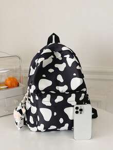 1pc Classic Basic Large Capacity Backpack For Back To School, With Laptop Compartment, Fashionable Multipurpose Backpack, All-Over Cow Print Pattern, High-Quality Nylon Material, Adjustable Shoulder Straps - Black and White - View 5