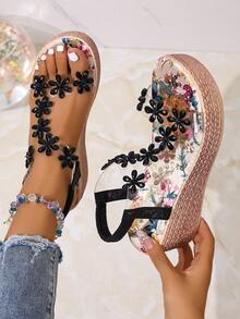 Teens Platform Wedge Sandals, New Summer Girls Clear Crystal Peep Toe Rhinestone Thick Sole Sandals - Black - View 2