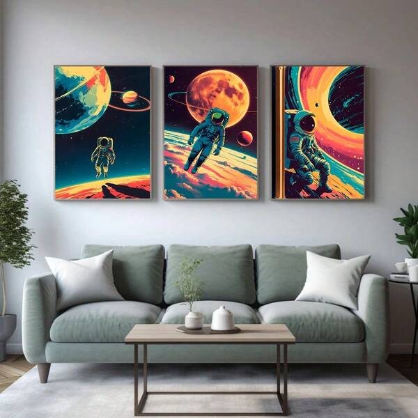 1/3 jeu d'œuvres murales de science-fiction vintage, affiche d'astronaute, art spatial de milieu de siècle, impression futuriste des années 1960 sans cadre