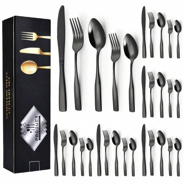 20/30 Stück Besteckset in Schwarz, Edelstahl Besteckset für 4 Personen, eckiges Besteckset, spiegelpolierte Essbestecke für die Küche, beinhaltet Messer, Gabel, Löffel, spülmaschinenfest, Geschenkbox, geeignet für Zuhause, Küche, Hotel, Hochzeit und Jahrestags-Geschenke, Schulbedarf