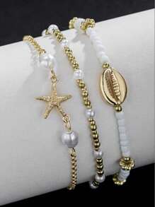 3pcs/Set Bohemian Beaded Shell Starfish Charm Anklet Bracelet Set For Women, Beach Vacation Party Accessories (Styles Vary)