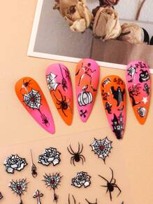 FULL BEAUTY 2 piezas Pegatinas de uñas de Halloween con diseño de rosa de telaraña láser oscura con cruz, diseños deslizantes con brillos de araña gótica Y2K, decoraciones de uñas con dibujos animados lindos