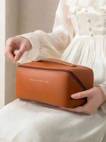 1pc Travel Dual Layer Cosmetic Bag, PU Leather Waterproof Makeup Bag, Large Capacity Toiletry Pouch, Beach Bag, Travel Bag, Portable Makeup Organizer, Makeup Brush Holder, Essential For Holiday, Gift For Friends, Mother's Day, Teacher, Bridesmaid