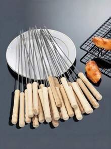 10/20 pièces Set de brochettes de barbecue, brochettes de barbecue en acier inoxydable, brochettes de gril polyvalentes en métal, brochettes de barbecue en acier inoxydable avec poignées en bois, aiguilles de barbecue, parfait pour la cuisson en extérieur, indispensable pour la cuisson en extérieur, fournitures de barbecue, 1 pièce pinceau à huile de barbecue