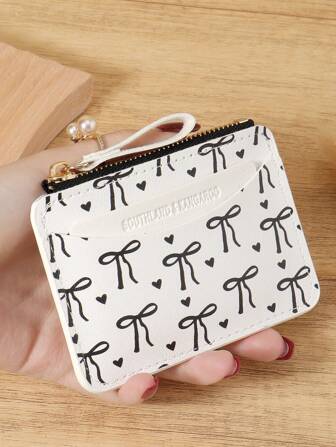 Pink Bow Love Pattern Zipper Small Wallet Coin Pocket Small Purse Bifold Slim Women Wallet MiniThin,Lightweight,Multi Layer Portable,ID Card,Money Credit Card Minimalist,Fashion,Modern,Business,For Anniversary,For Birthday Gift,For Gift,For Girls,For Lady,For Female,Bag School Supplies For School Dorm Room & Back To School