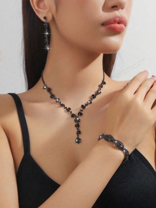 1/3/4 pièces Ensemble de bijoux élégant et , comprenant un pendentif, des boucles d'oreilles et un bracelet, décoré de strass brillants, convient pour les mariages, les fêtes et les cadeaux de vacances