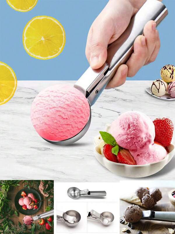 1pc-Stainless Steel Ice Cream Scoop/Scoop, Highly Attractive Ice Cream Scoop, Fruit Watermelon Scoop, Coffee Scoop, Great For Frozen Yogurt, Multipurpose Dual Use Stainless Steel Ice Cream Scoop, Non-Stick Ice Cream Scoop With Comfortable Ice-Resistant Handle, Heavy Duty Metal Ice Cream Scoop With Trigger, Firmly Scoop Fillings