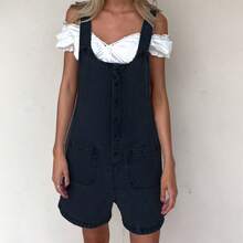 Denim Overall Shorts For Women Casual Summer Adjustable Strap Rompers With Pockets Bib Jeans Shortalls - Black - View 2