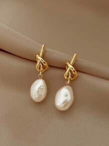 1 Pair Of Knotted Pearl Minimalist Stylish And Elegant Imitation Pearl Pendant Earrings Elegant Luxury Design Earrings With A Simple Drop Design, Perfect For Parties And Multi-Functional Gifts For Women