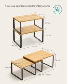 Estante para Especias, Juego de 2, Organizador de Armario, Estante de Almacenamiento de Cocina Extensible, Especiero de Metal y Madera de Ingeniería, 19,5 x 29,7 x 15,8/19,5 x 39,7 x 15,8 cm, Negro Tinta y Beige Natural, Vuelta al Cole - Caqui - Ver 5