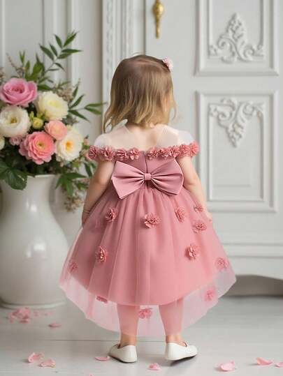 女婴3D立体花朵网纱蝴蝶结露背可爱派对连衣裙，适合一周岁生日、花童等场合，不含头饰