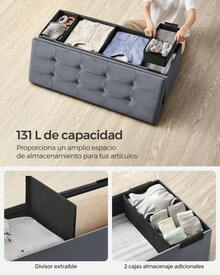 Puff Almacenaje, Baúl de Almacenaje Plegable, 38 x 110 x 38 cm, Taburete Reposapiés, Banco de Cubo, Soporta hasta 300 kg, para Sala de Estar, Dormitorio, Entrada, Gris Pizarra - Gris Oscuro - Ver 3