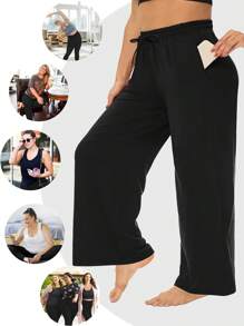 Calça feminina plus size, perna larga, reta, casual, com bolsos, cintura com cordão solto, 1 peça