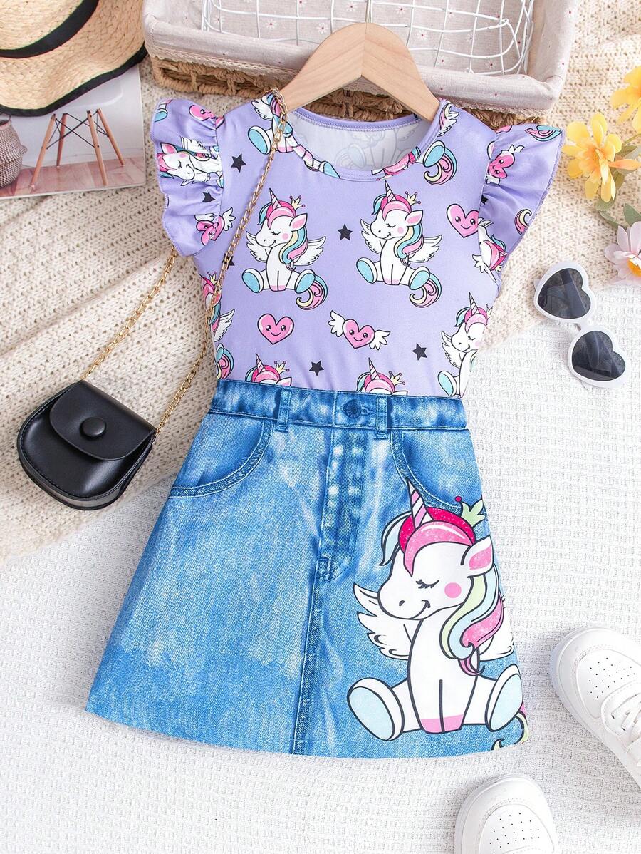 2 peças/Conjunto Camiseta de Manga Curta com Estampa de Unicórnio Adorável Tricotada e Saia de Denim com Estampa de Unicórnio para Meninas Jovens, Primavera/Verão