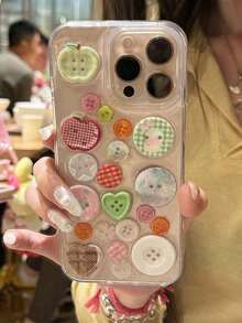 Cute 3D Button Plaid Transparent Epoxy Resin Soft Phone Case, Compatible With 16/15/14/13 Pro Max/17/17 Pro/17 Pro Max, Fashionable Cute Girl-Friendly Shock-Proof, Waterproof, Anti-Fall, Anti-Scratch Back Cover - Clear - View 1