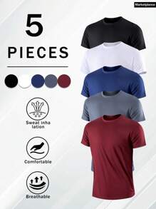 Set de 5 camisetas de manga corta atléticas para hombres, súper delgadas, cuello redondo, livianas para deportes, correr, gimnasio