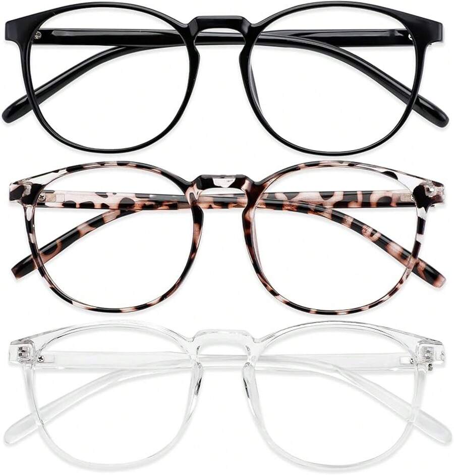 3 Pack Blue Light Blocking Glasses Women/Men,Retro Round Computer Glasses Anti Eye Strain//, Gaming Glasses. (Black//Amber) - Black/Crystal/Transparent Amber - 查看 1