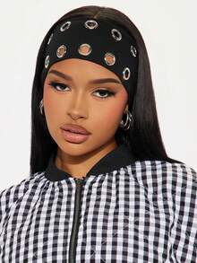 1 pieza Diadema elástica hueca de tela con ojales metálicos de estilo punk personalizada para mujer, accesorio de cabello casual y deportivo para otoño e invierno, accesorio de cabello para mujer para atuendos de vacaciones - Multicolor - Ver 1