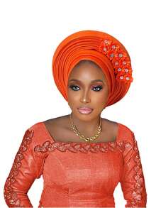 尼日利亚头带婚礼派对头饰优雅非洲头带头巾成品女士自动发带女式头巾 - 疊層黏花 - 查看 27