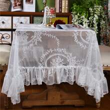 1pc French Floral Lace & Jacquard Tablecloth, Vintage American Ruffled Square/Round Tablecloth For Dessert Stands, Tea Tables, Wedding Decor, Garden Patio, Family Dining, Outdoor Picnic Curtain - White - View 5