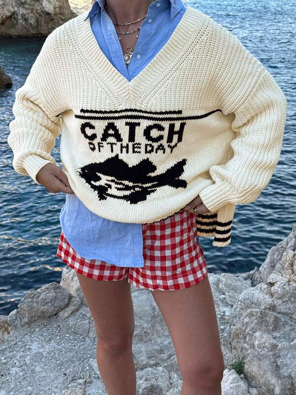 Korean Style Christmas Casual Boho Holiday Party Vintage Women Old Money Style Cute Airport Streetwear Country Concert Going Out Sweater Tops, Cosplay Halloween Costume, Halloween 2025 Sexy Witch Costume Going Out, Fall Women, Back To School, Y2K Country Concert, Fall Winter For Women, Goth Steampunk Women, Boho Holiday Party V-Neck Graphic Loose Knit Pullover Sweater