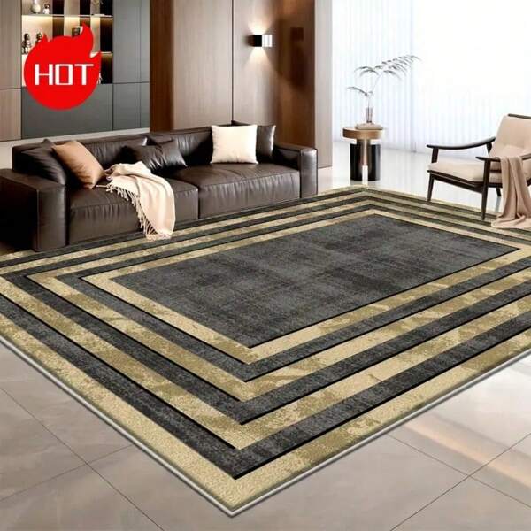 A Large Area Rug In Modern Minimalist Style, Featuring Personalized Dark Gray And Gold Patterns That Complement Various Home Decors. Crafted From High-Density Material With Anti-Slip Particles On The Underside For Enhanced Friction. The Surface Is Made Of High-Tech Crystal Velvet, Offering Fade Resistance, Softness, And Comfort.